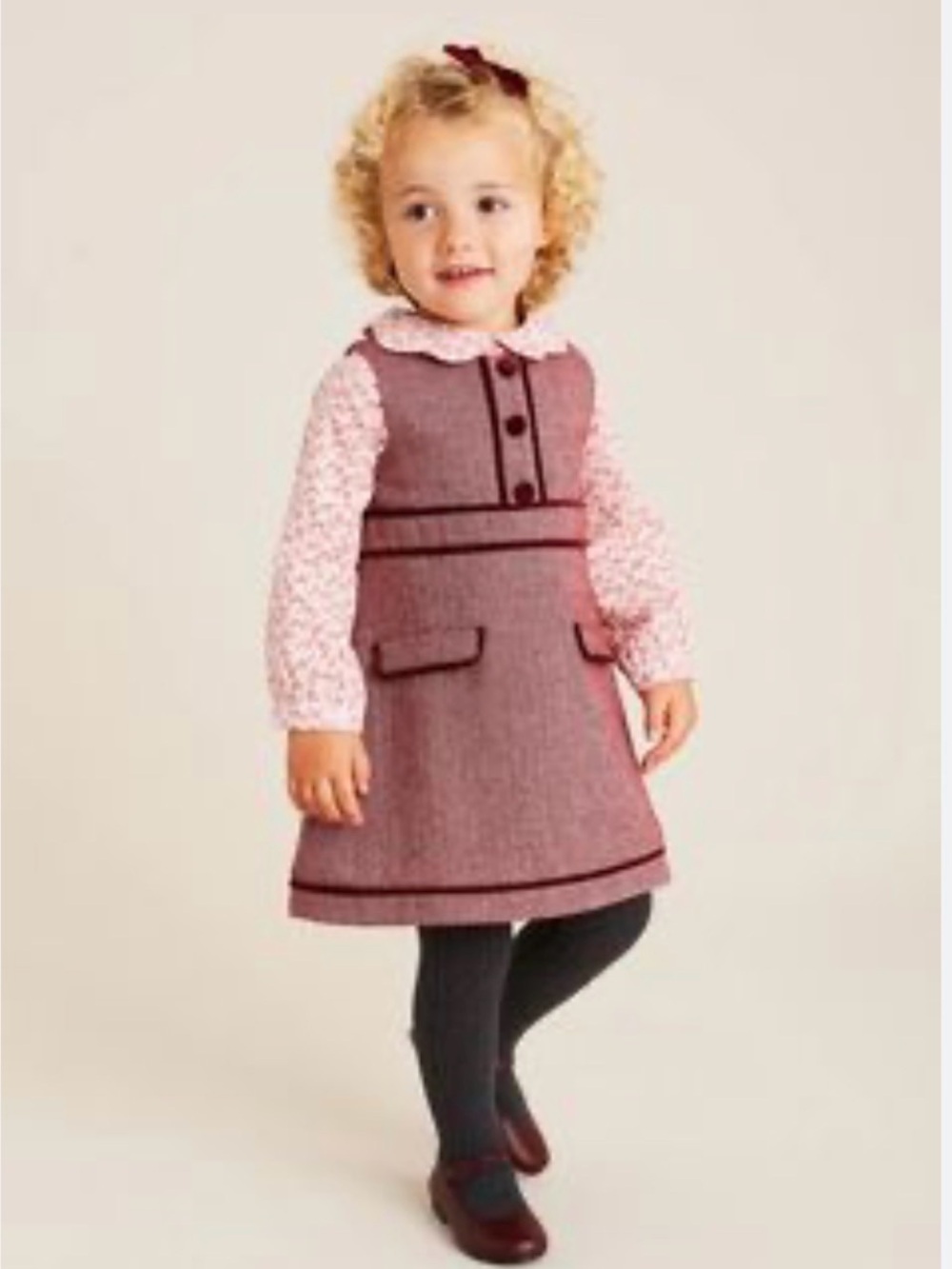 Girls' Burgundy Herringbone Sleeveless Dress with Piping Trim Pinafores
